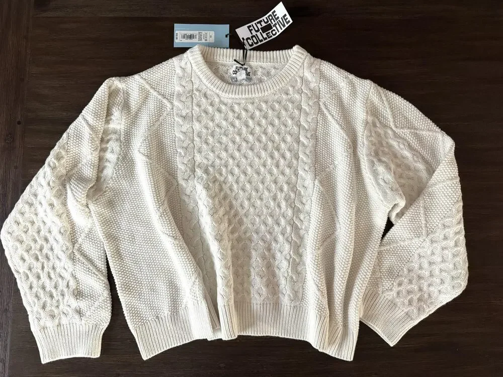 Future Collective Sweater Womens 2X White Cable Knit Raglan Pullover Crew Neck